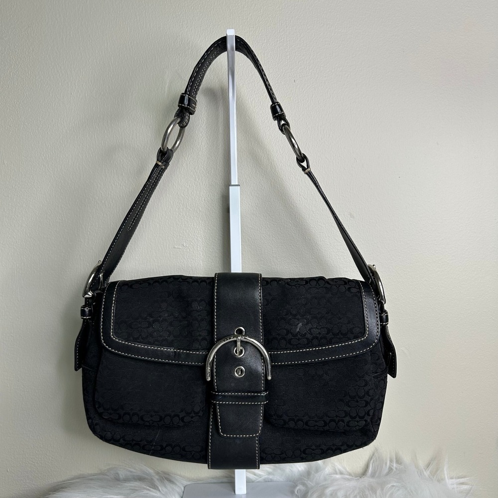 Coach Soho 1466 Black Signature Jacquard Leather Shoulder Bag GOOD